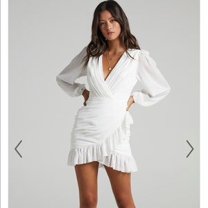 CAN I BE YOUR HONEY PLUNGE
BALLOON SLEEVE MINI DRESS IN WHITE